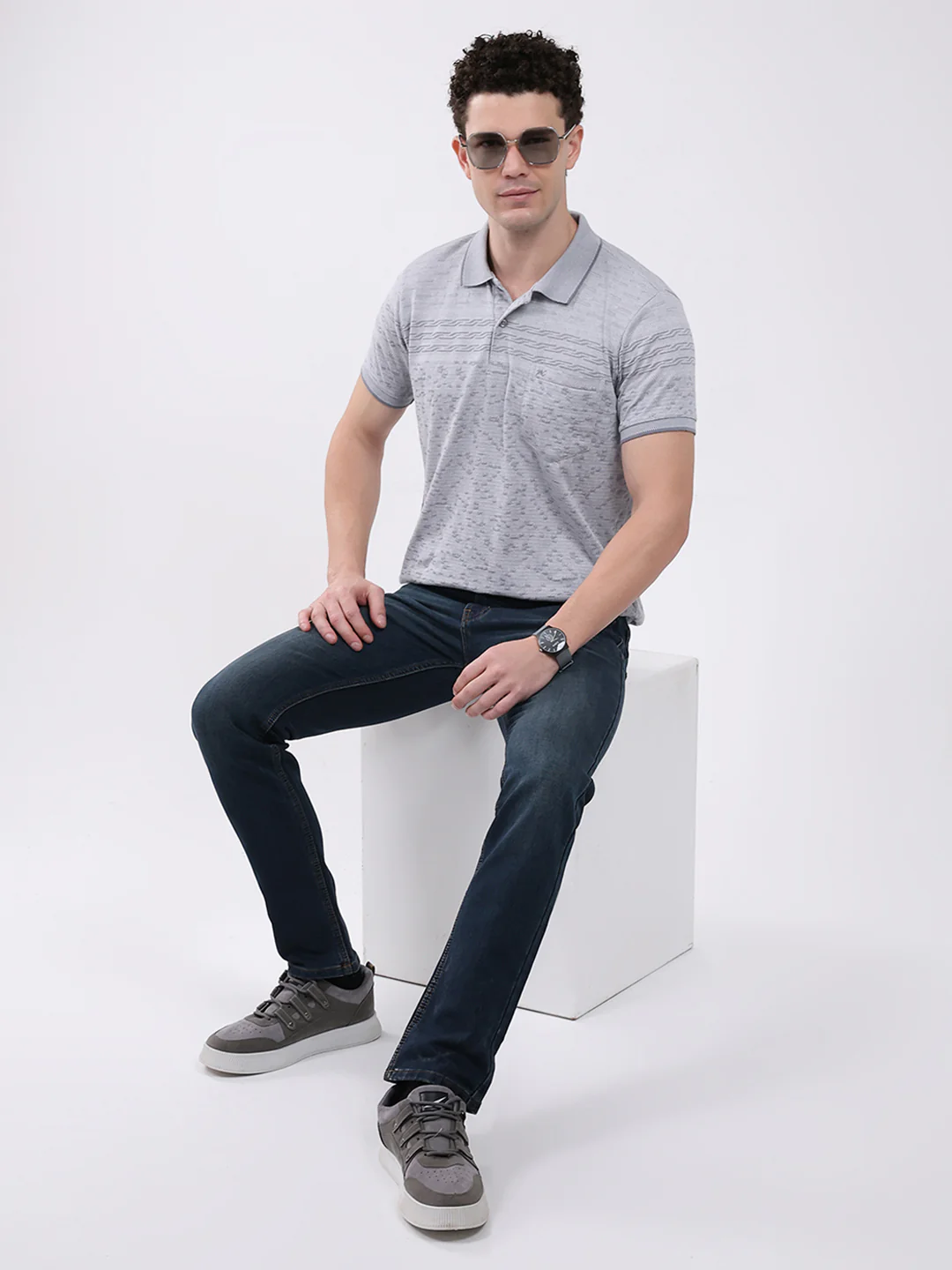 Men Grey Stripe Collar Half Sleeve T-Shirt - Image 2