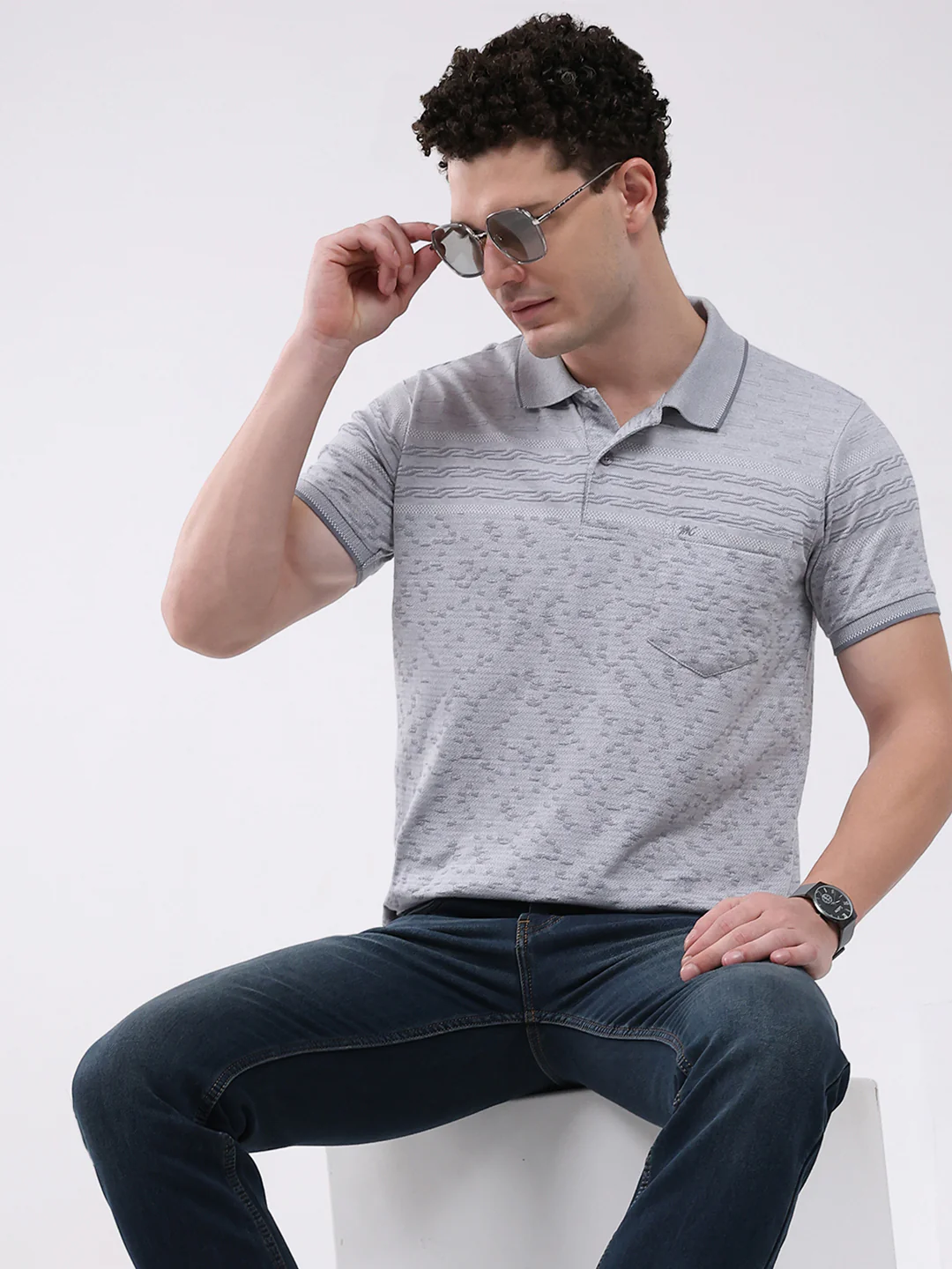 Men Grey Stripe Collar Half Sleeve T-Shirt - Image 6