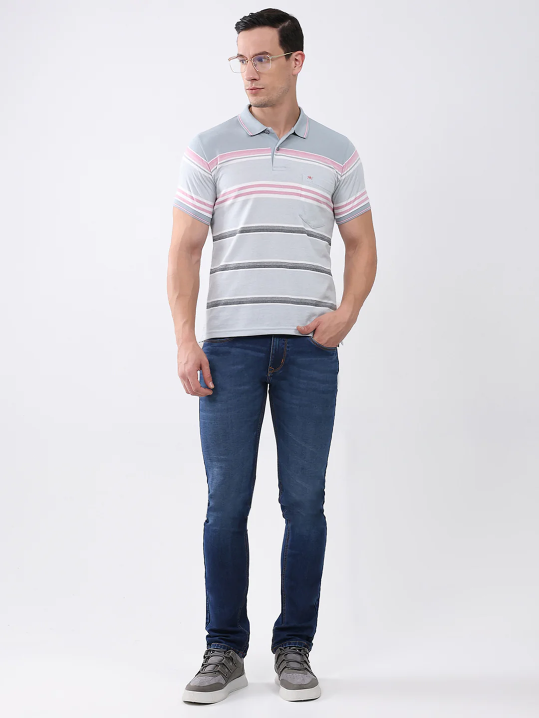 Men Grey Stripe Collar Half Sleeve T-Shirt - Image 2