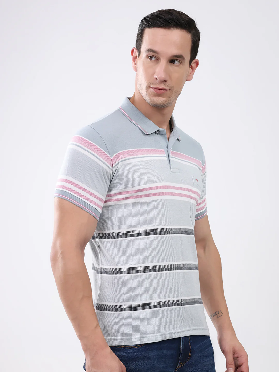 Men Grey Stripe Collar Half Sleeve T-Shirt - Image 4