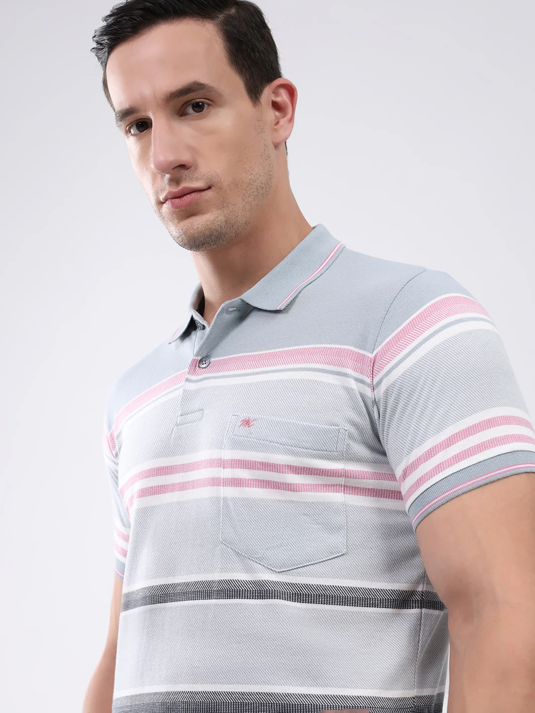 Men Grey Stripe Collar Half Sleeve T-Shirt - Image 6