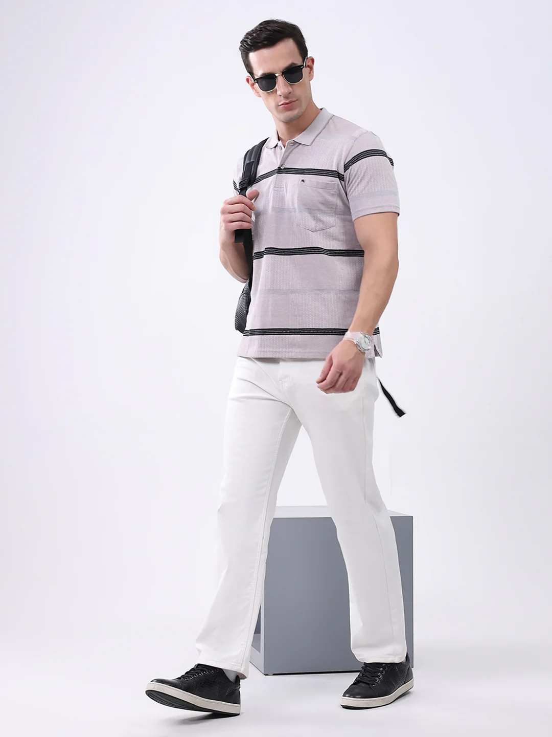 Men Grey Stripe Collar Half Sleeve T-Shirt - Image 2