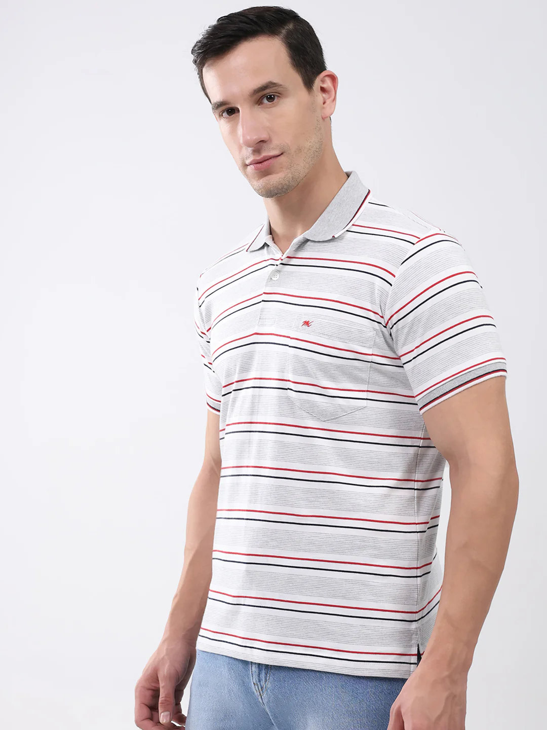 Men Grey Stripe Collar Half Sleeve T-Shirt - Image 3