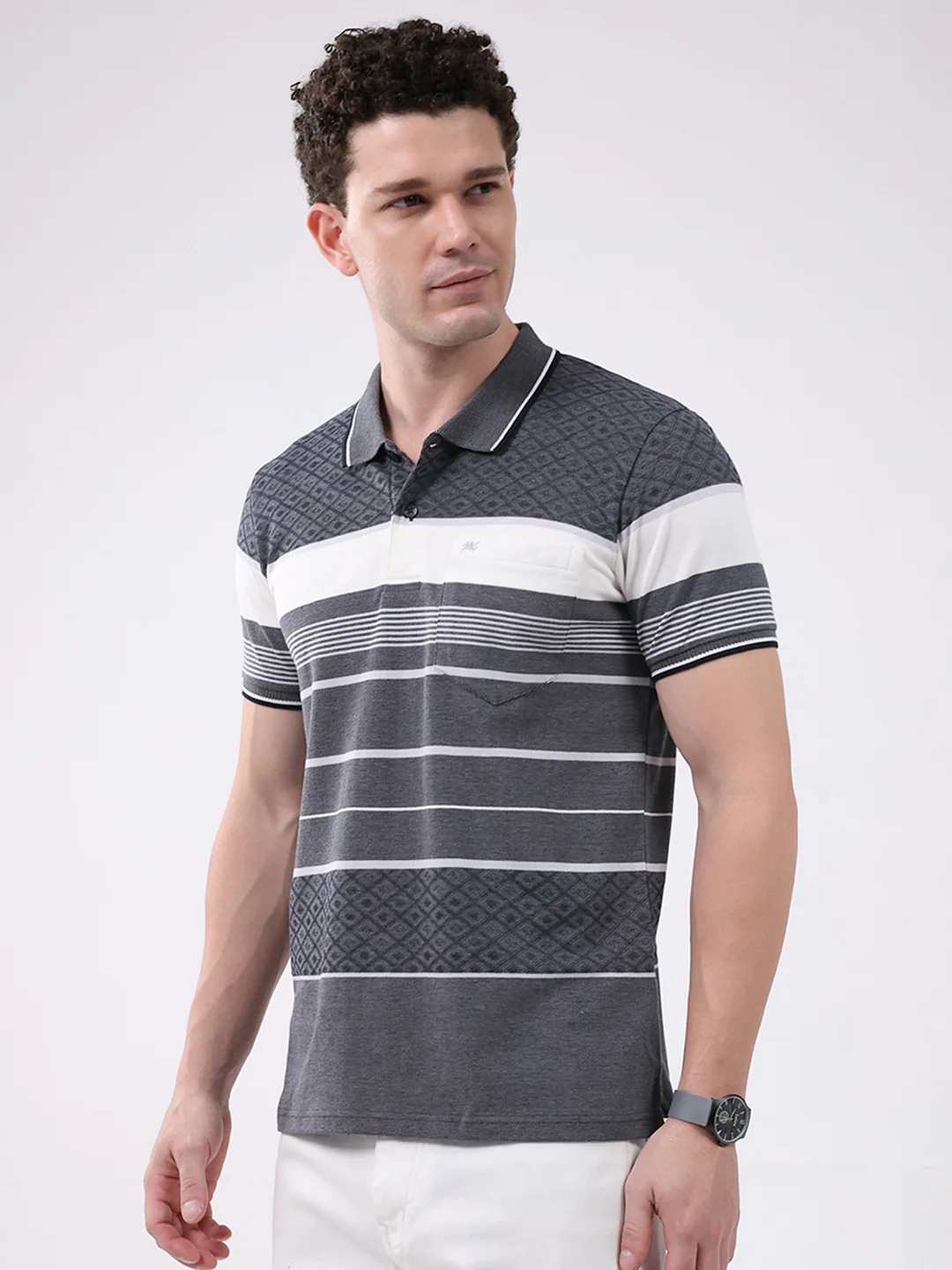 Men Grey Stripe Collar Half Sleeve T-Shirt - Image 3