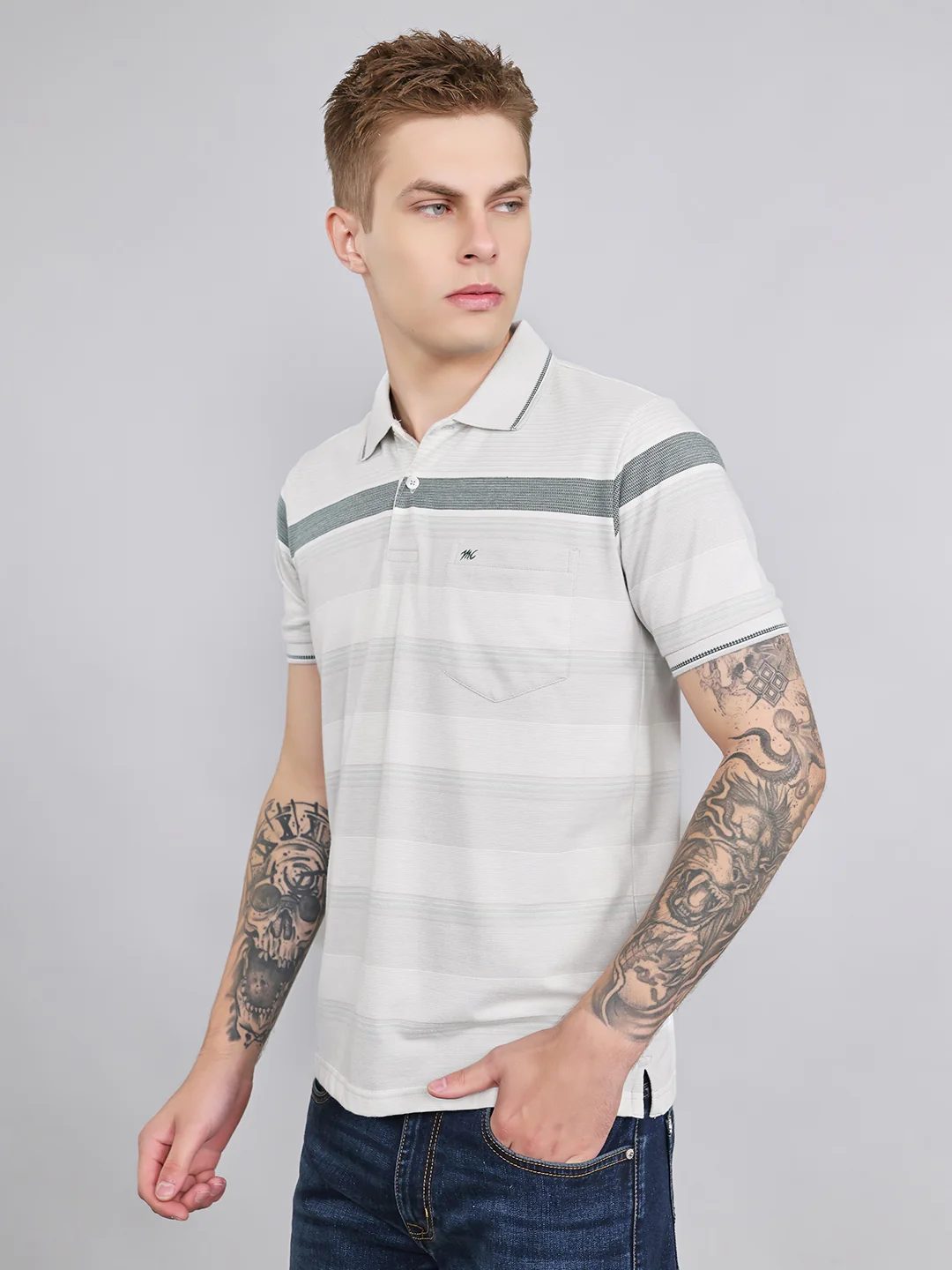 Men Grey Stripe Collar Half Sleeve T-Shirt - Image 3