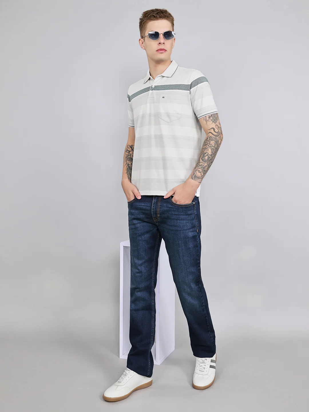 Men Grey Stripe Collar Half Sleeve T-Shirt - Image 6