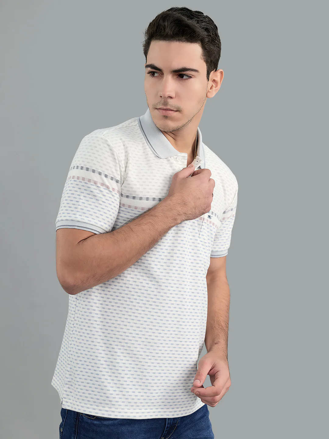 Men Grey Stripe Collar Half Sleeve T-Shirt - Image 2
