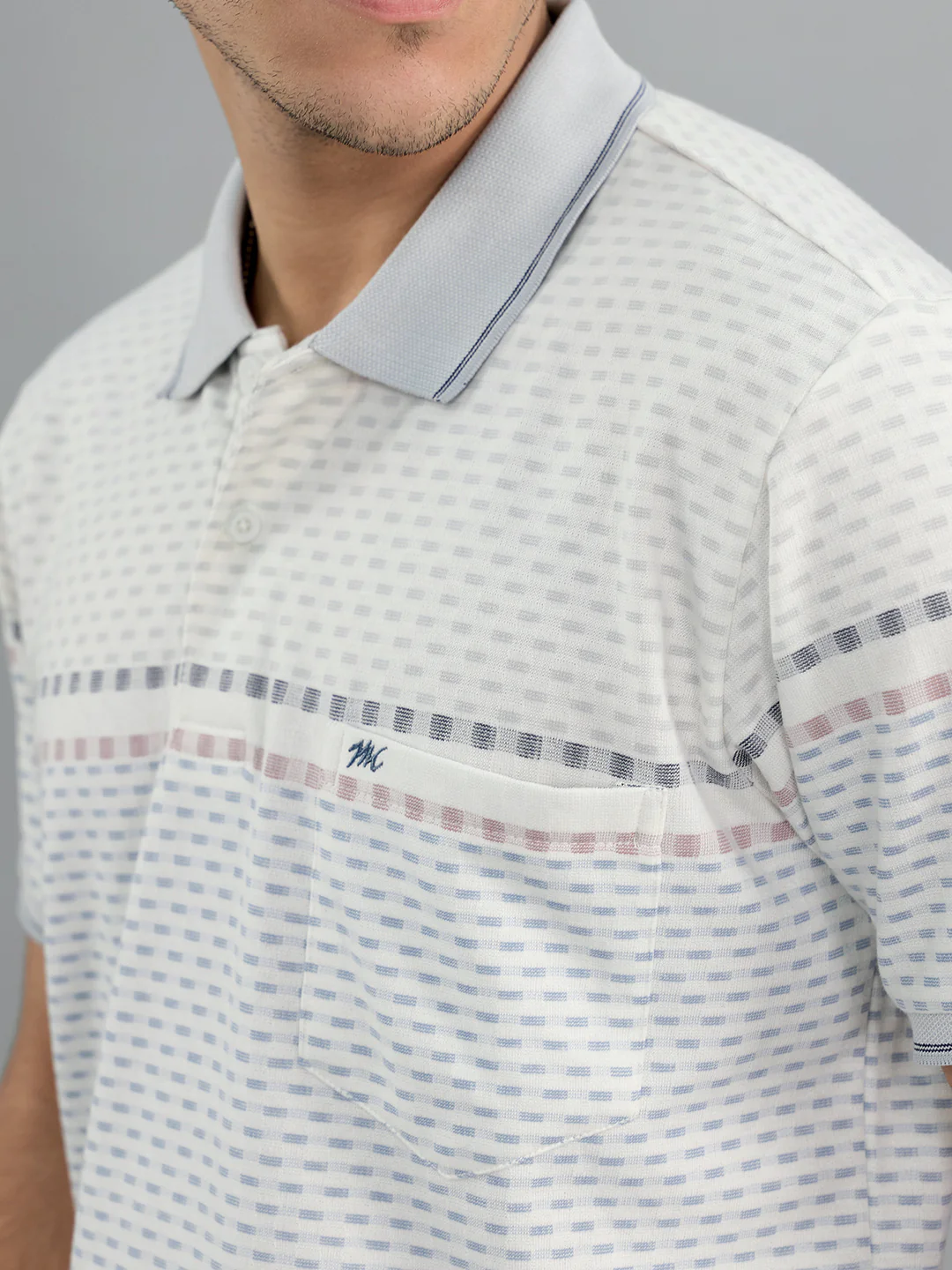 Men Grey Stripe Collar Half Sleeve T-Shirt - Image 5