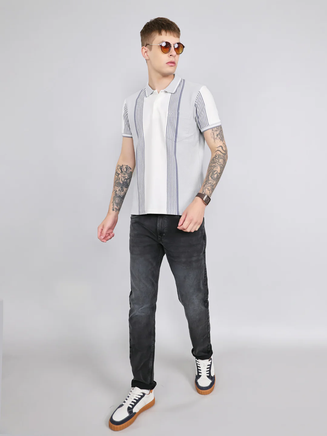 Men Grey Stripe Collar Half Sleeve T-Shirt - Image 7