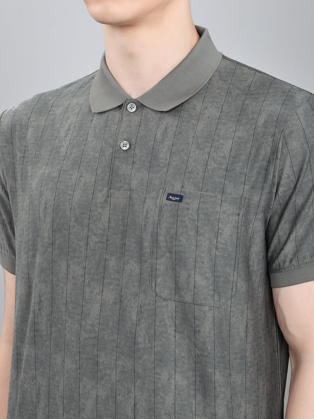 Men Grey Stripe Collar Half Sleeve T-Shirt - Image 5