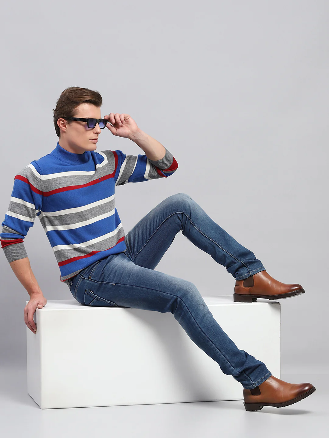 Men Grey Stripe High Neck Full Sleeve Pullover - Image 2