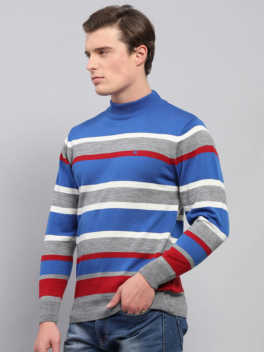 Men Grey Stripe High Neck Full Sleeve Pullover - Image 4