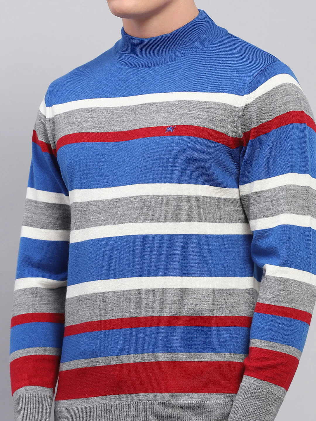 Men Grey Stripe High Neck Full Sleeve Pullover - Image 6