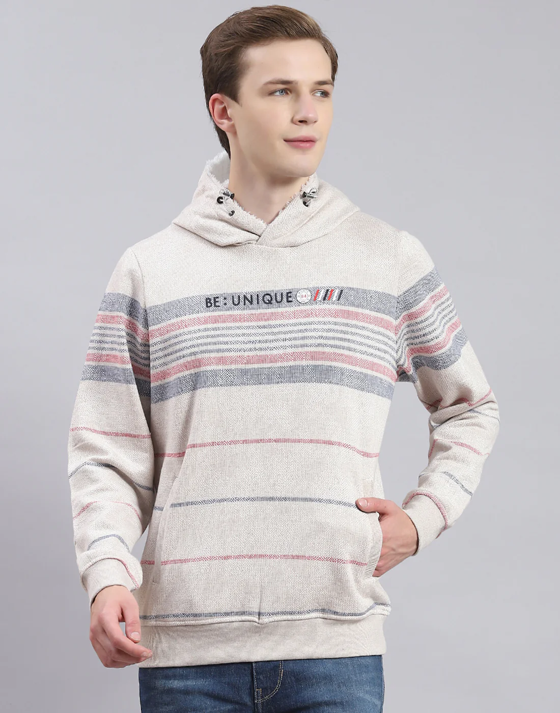 Men Grey Stripe Hooded Full Sleeve Sweatshirt - Image 2