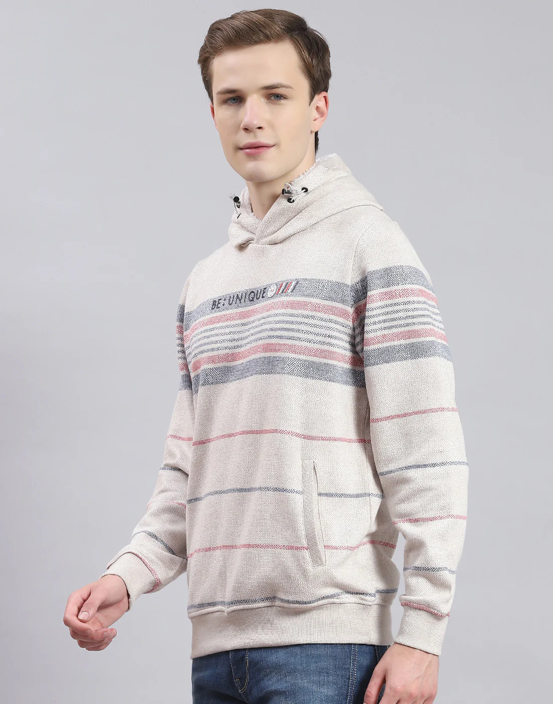 Men Grey Stripe Hooded Full Sleeve Sweatshirt - Image 3