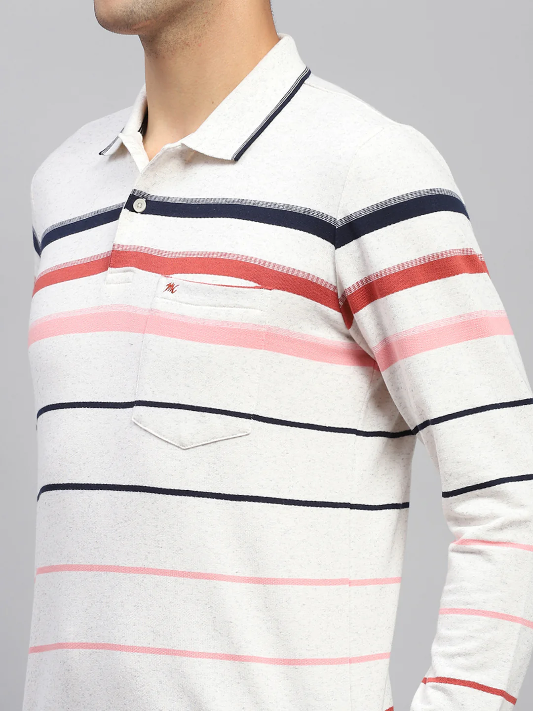 Men Grey Stripe Polo Collar Full Sleeve T-Shirt - Image 6