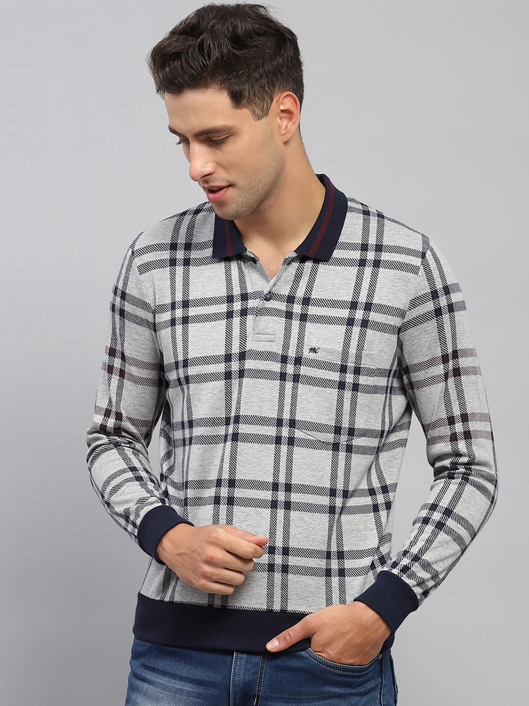 Men Grey Stripe Polo Collar Full Sleeve T-Shirt - Image 2