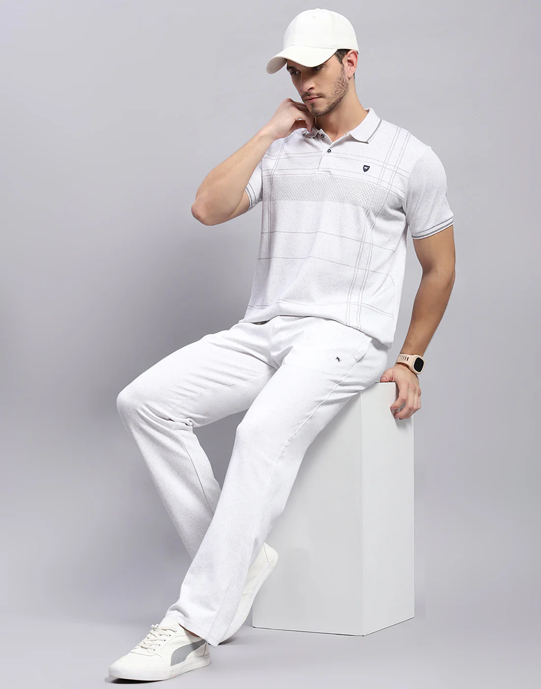 Men Grey Stripe Polo Collar Half Sleeve Lower Set - Image 2