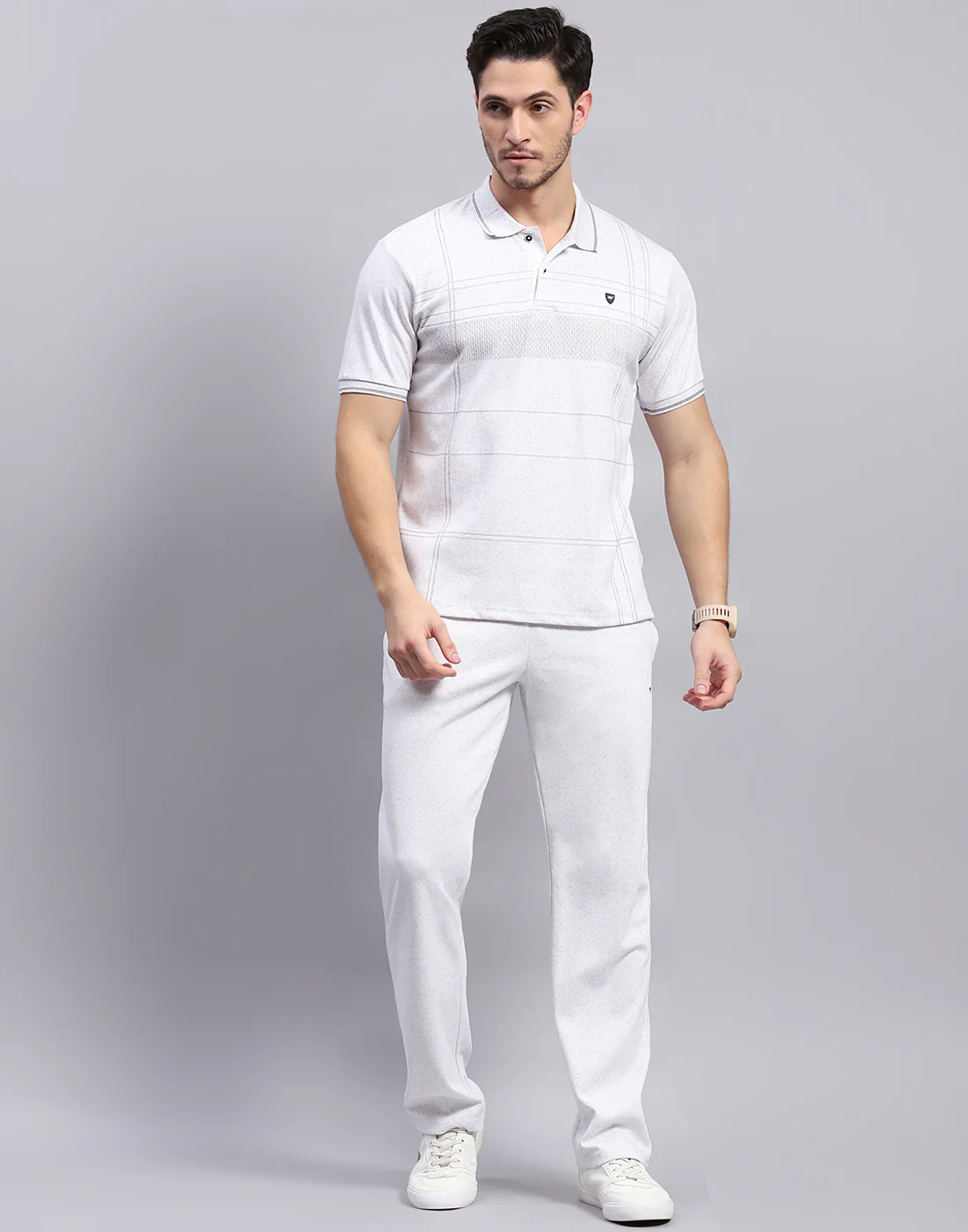 Men Grey Stripe Polo Collar Half Sleeve Lower Set - Image 3