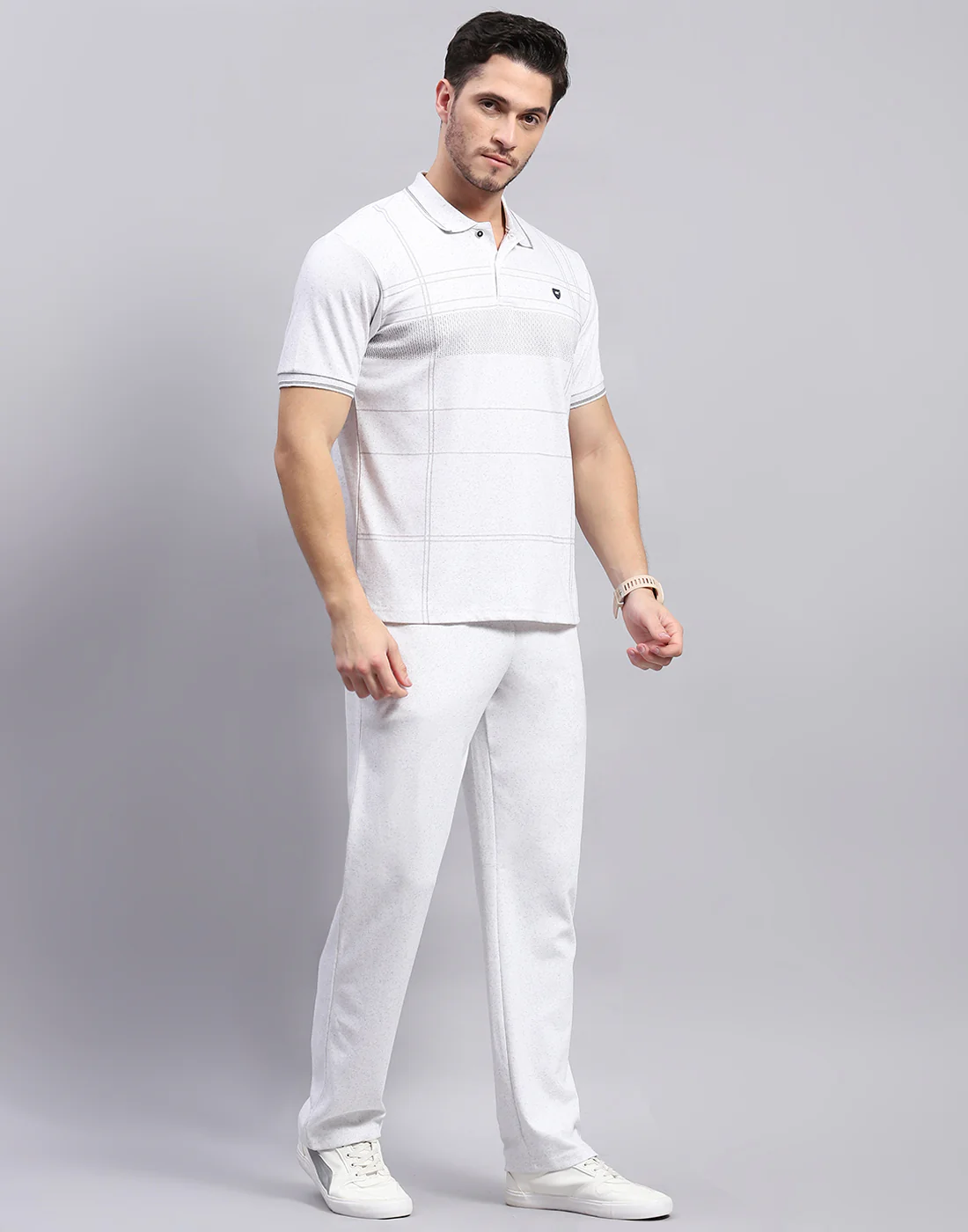 Men Grey Stripe Polo Collar Half Sleeve Lower Set - Image 5