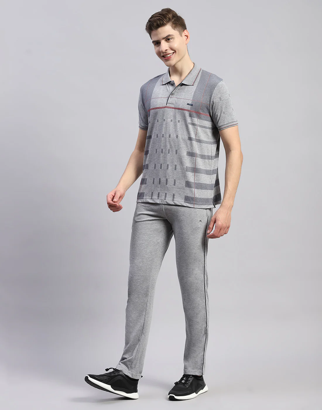 Men Grey Stripe Polo Collar Half Sleeve Lower Set - Image 3