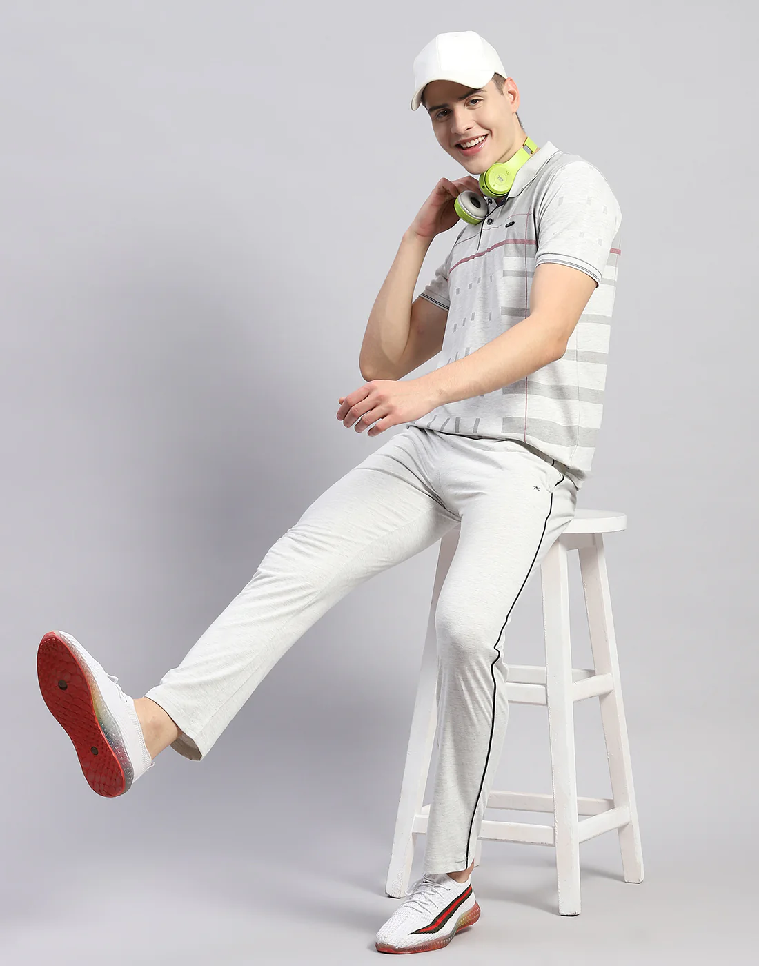 Men Grey Stripe Polo Collar Half Sleeve Lower Set - Image 2
