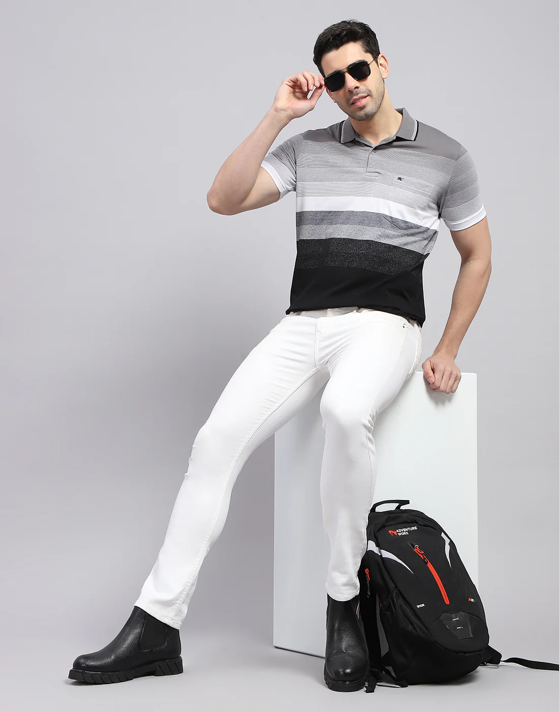 Men Grey Stripe Polo Collar Half Sleeve T-Shirt - Image 2