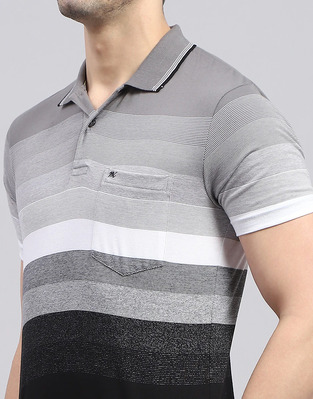 Men Grey Stripe Polo Collar Half Sleeve T-Shirt - Image 6