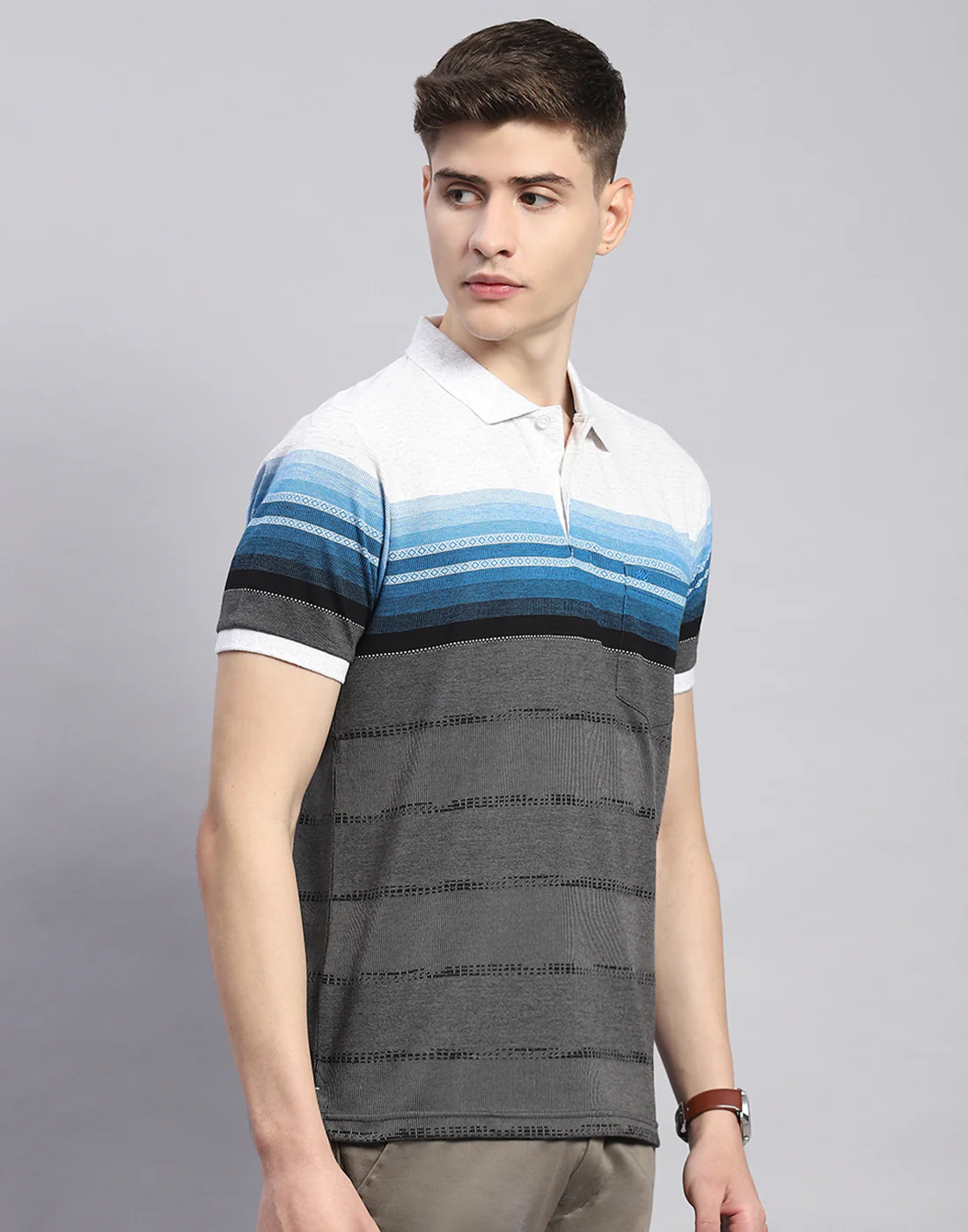 Men Grey Stripe Polo Collar Half Sleeve T-Shirt - Image 4