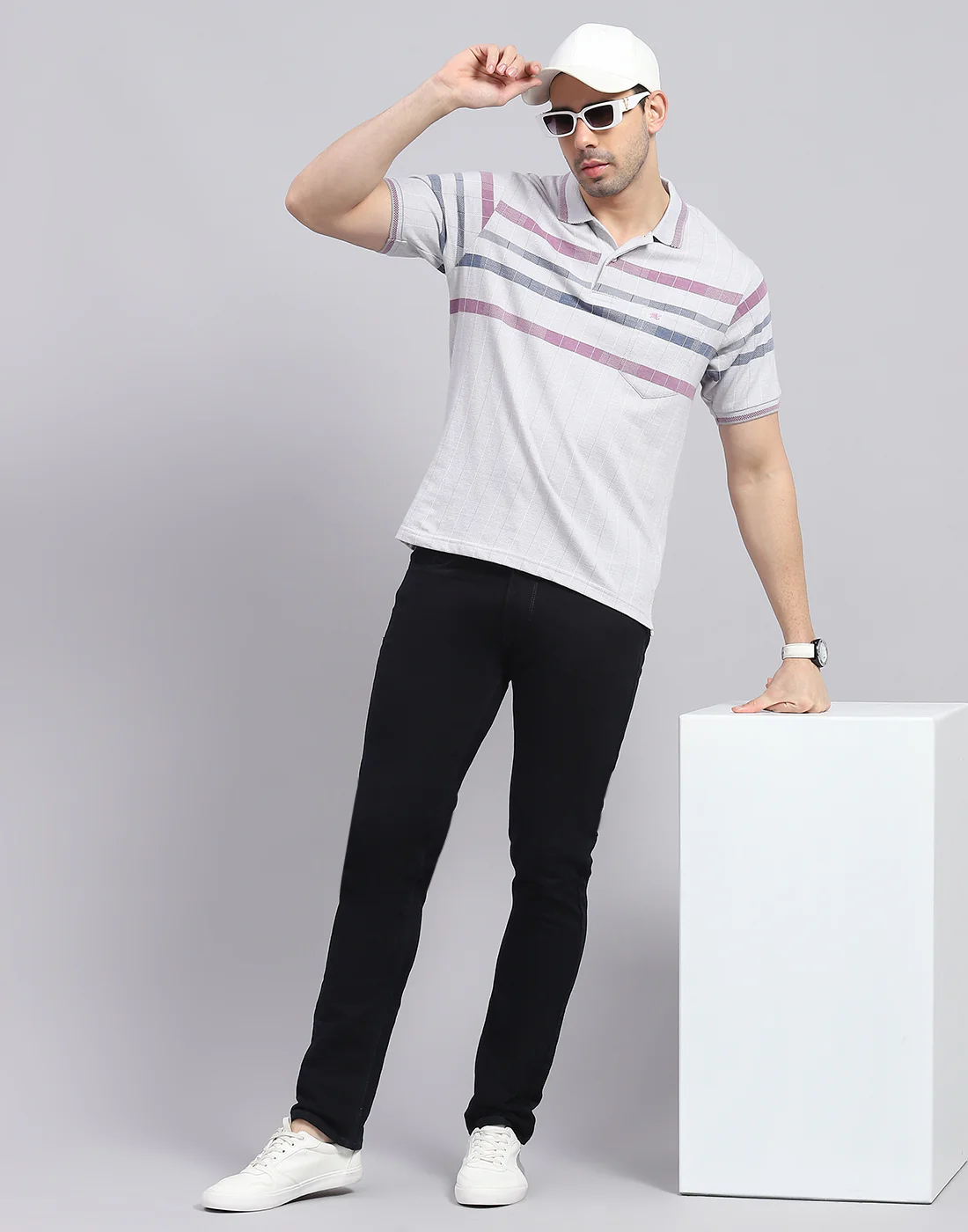 Men Grey Stripe Polo Collar Half Sleeve T-Shirt - Image 2