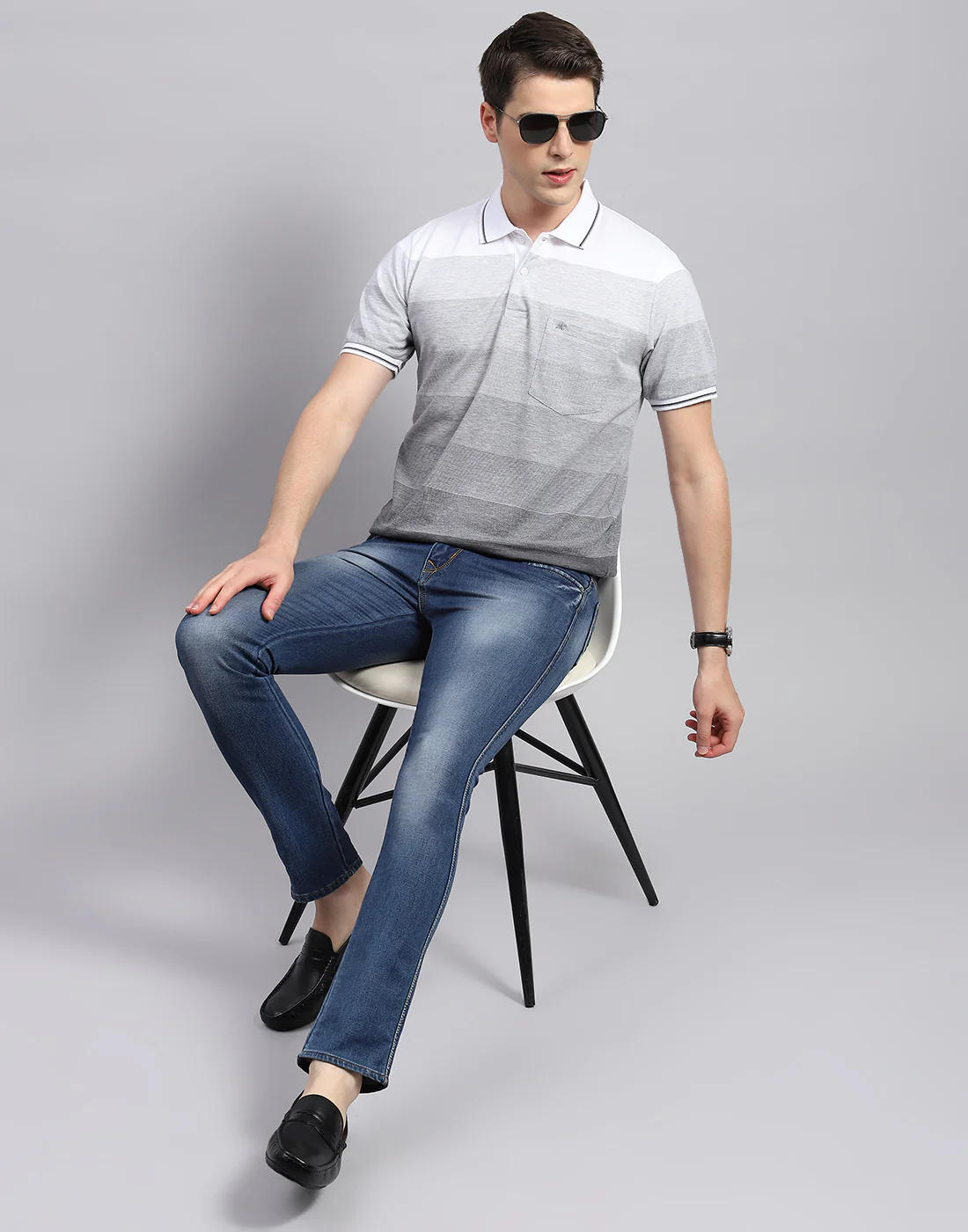 Men Grey Stripe Polo Collar Half Sleeve T-Shirt - Image 2