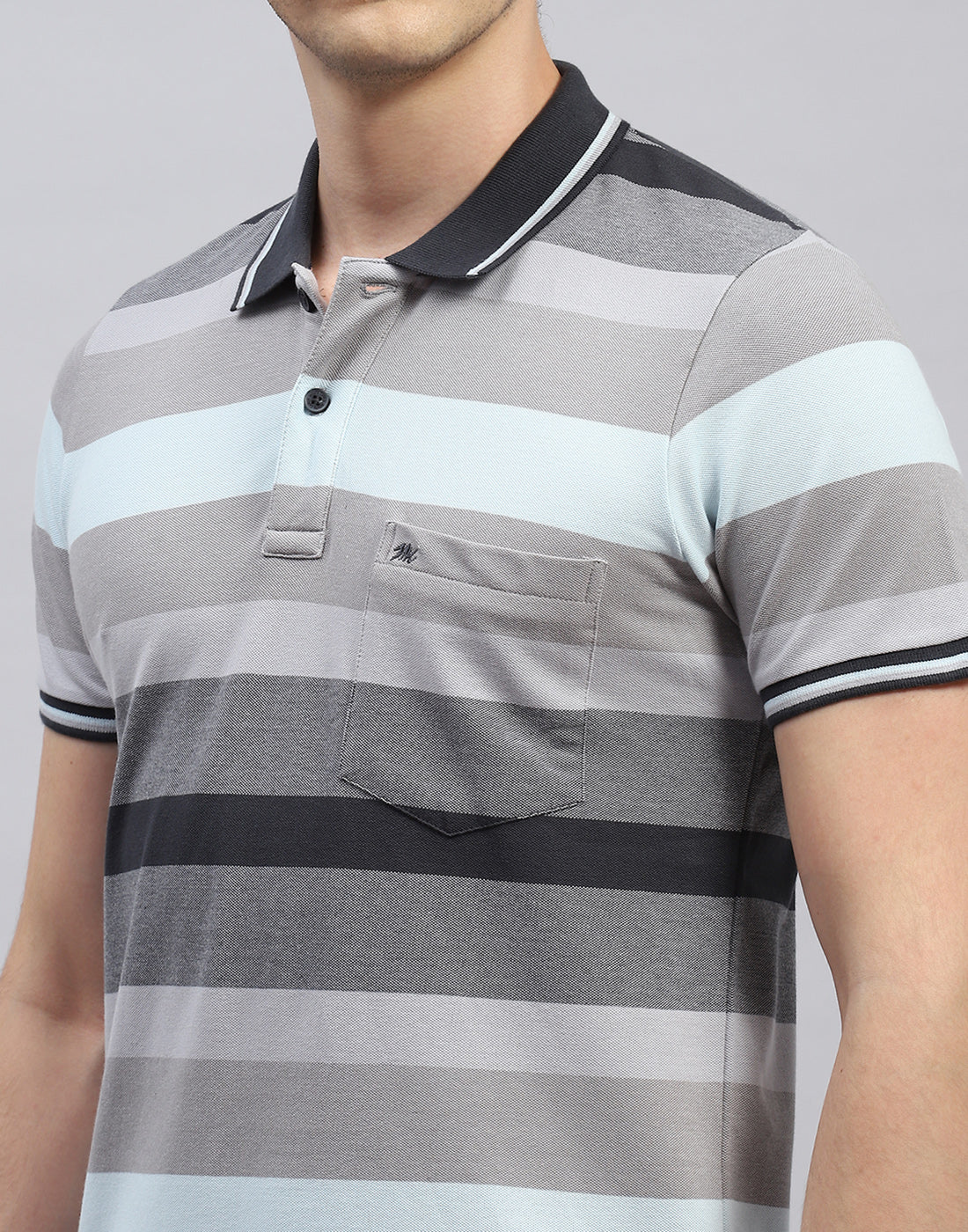 Men Grey Stripe Polo Collar Half Sleeve T-Shirt - Image 6