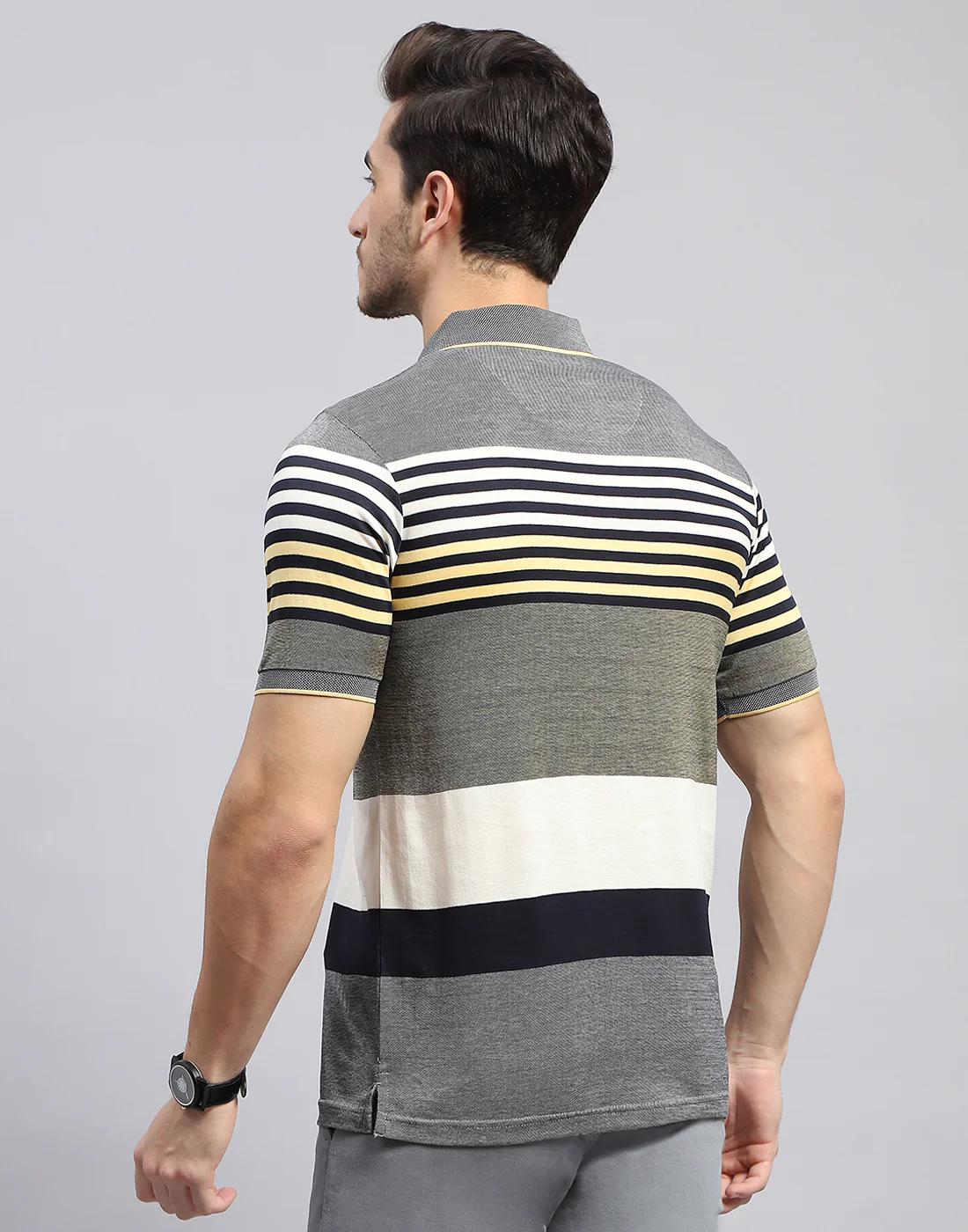 Men Grey Stripe Polo Collar Half Sleeve T-Shirt - Image 5