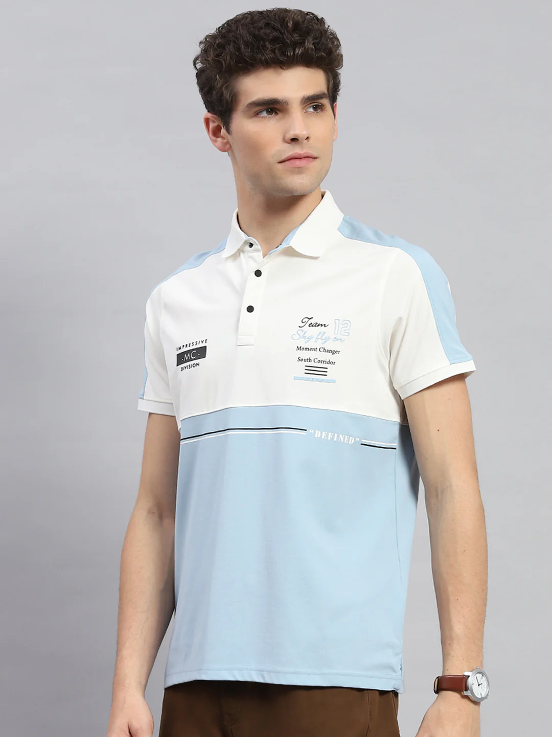 Men Blue Stripe Polo Collar Half Sleeve T-Shirt - Image 3