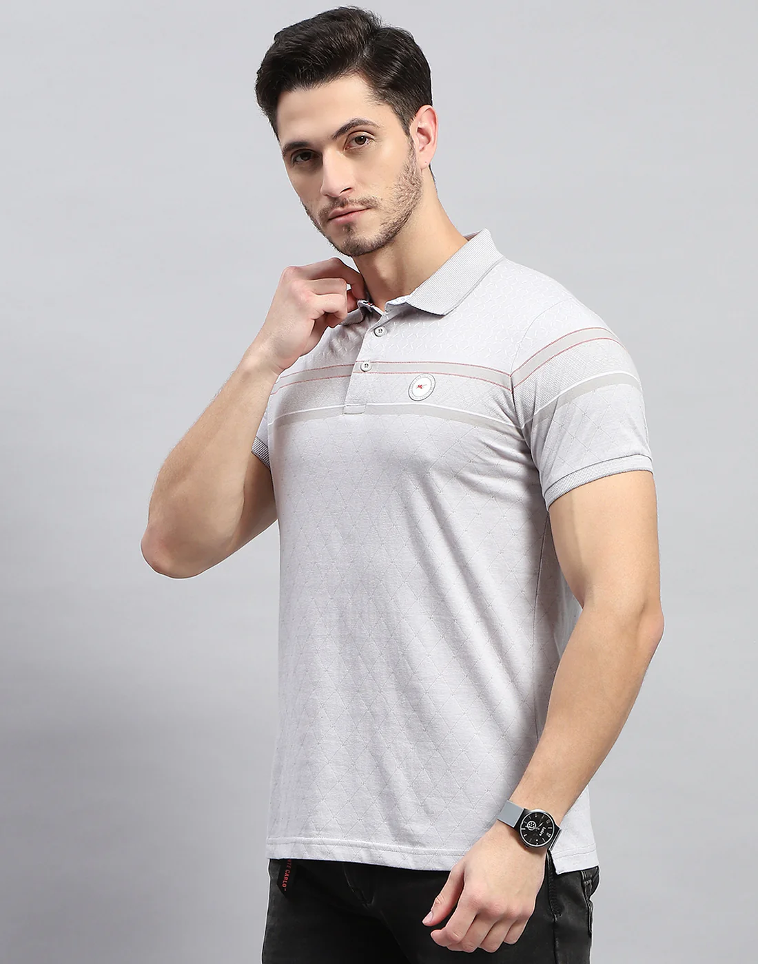 Men Grey Stripe Polo Collar Half Sleeve T-Shirt - Image 3