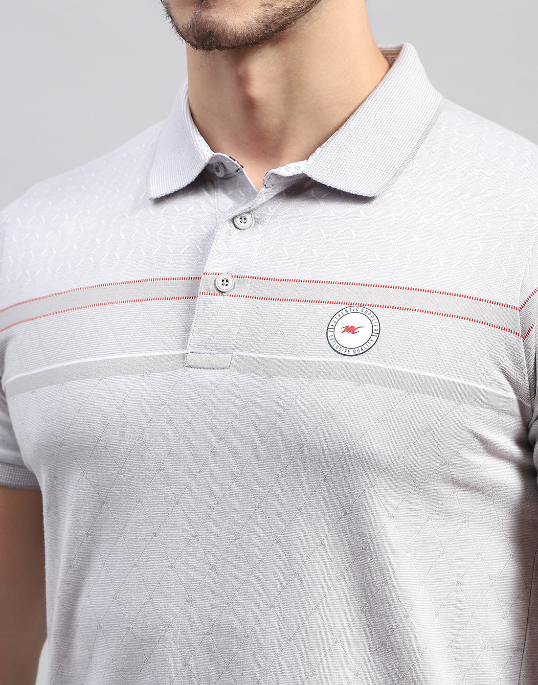 Men Grey Stripe Polo Collar Half Sleeve T-Shirt - Image 6