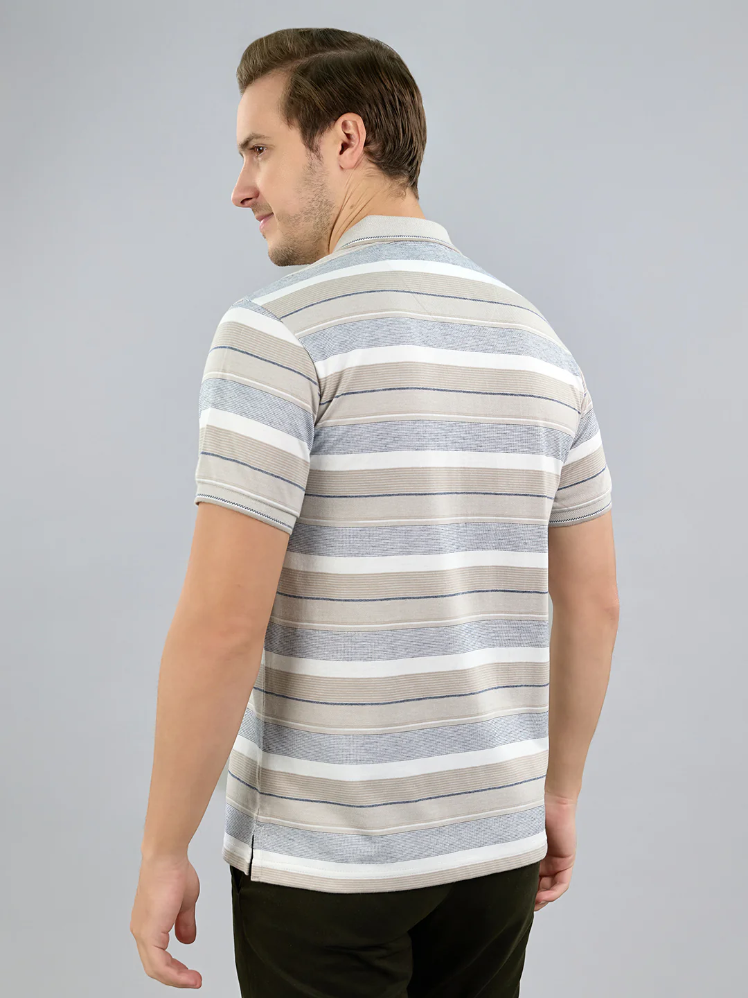 Men Grey Stripe Polo Collar Half Sleeve T-Shirt - Image 4