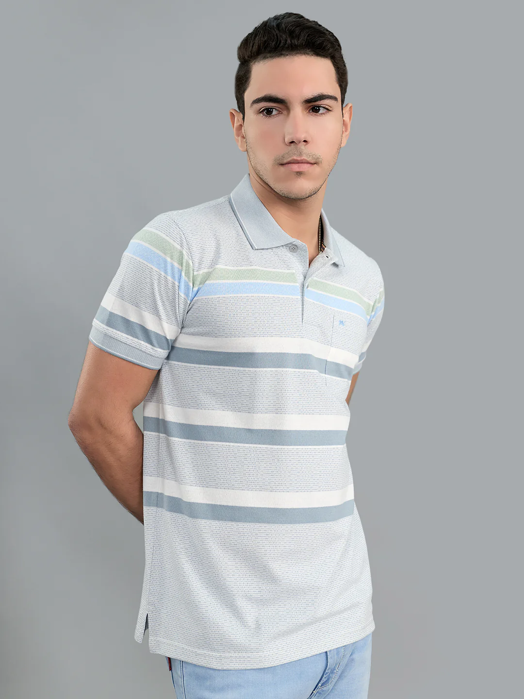 Men Grey Stripe Polo Collar Half Sleeve T-Shirt - Image 2