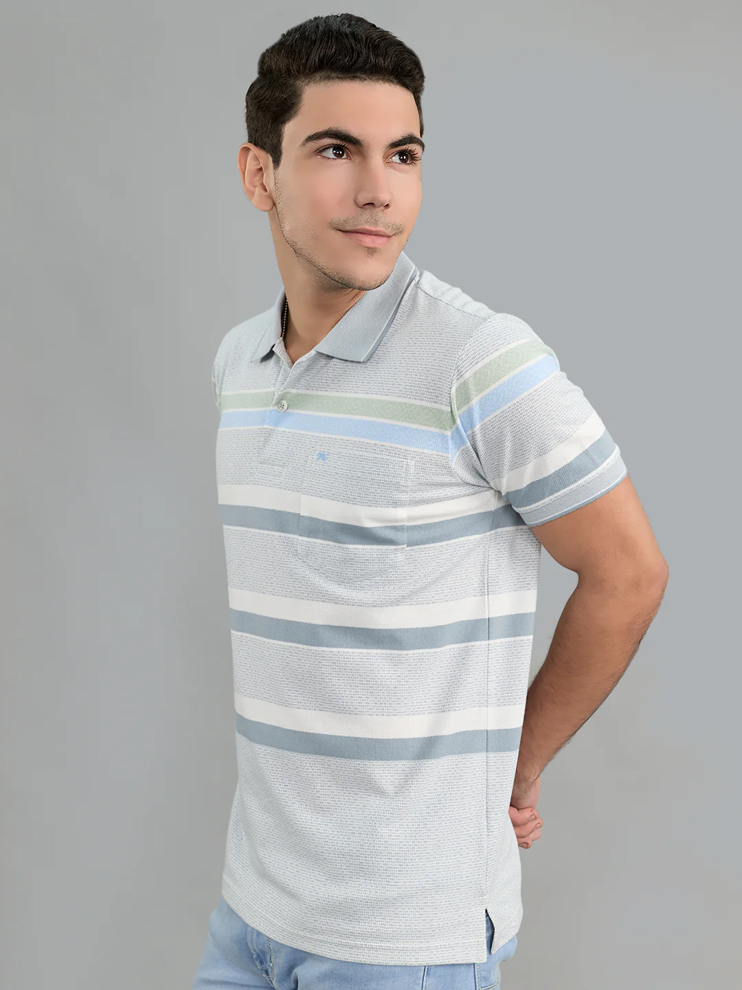 Men Grey Stripe Polo Collar Half Sleeve T-Shirt - Image 3