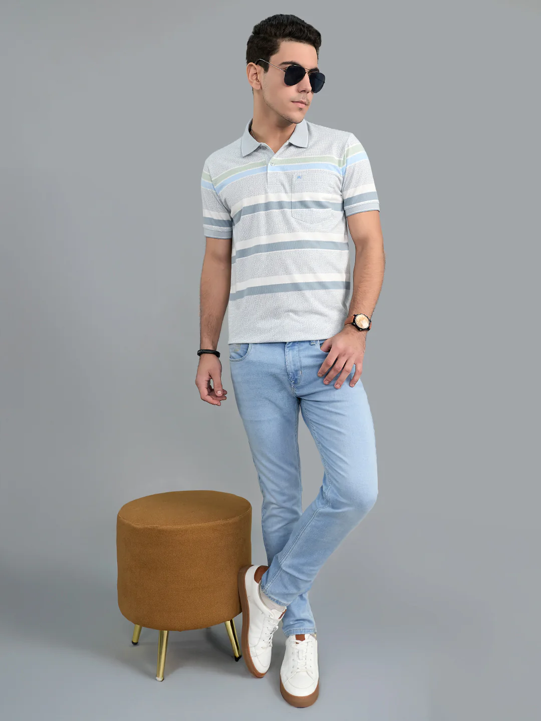 Men Grey Stripe Polo Collar Half Sleeve T-Shirt - Image 6