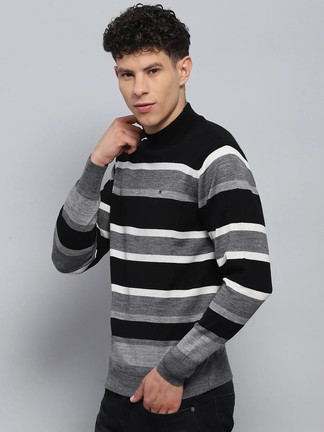 Men Grey Stripe Round Neck Full Sleeve Pullover - Image 3