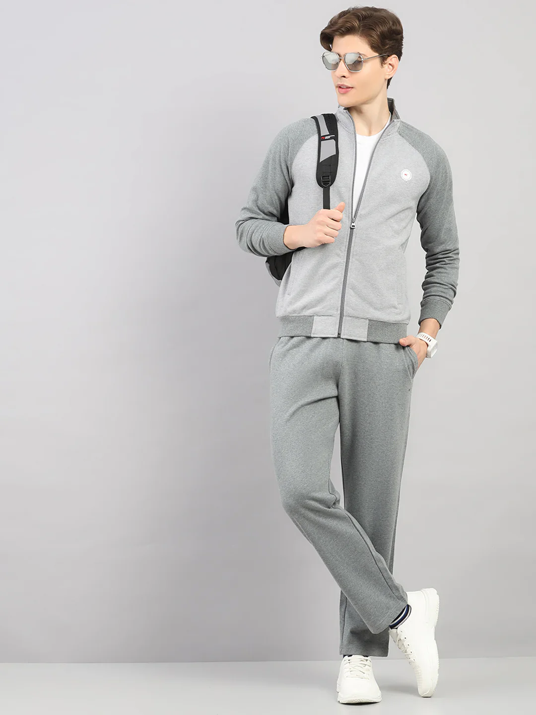 Men Grey Stripe Stand Collar Full Sleeve Winter Tracksuit - Image 2