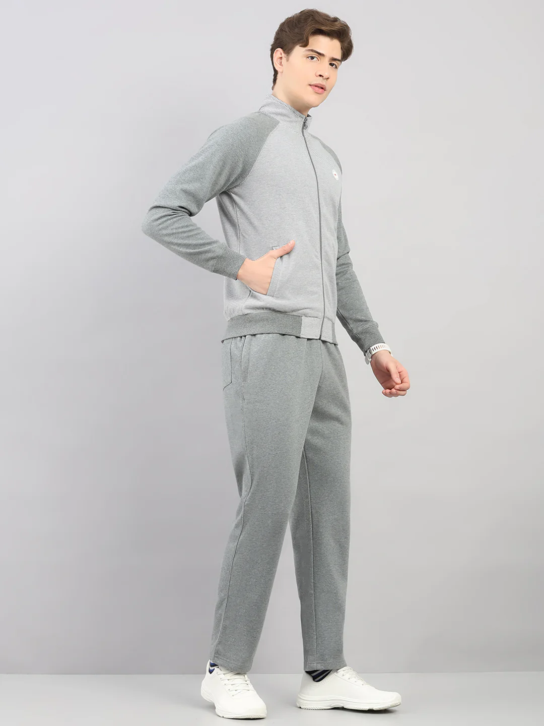 Men Grey Stripe Stand Collar Full Sleeve Winter Tracksuit - Image 4