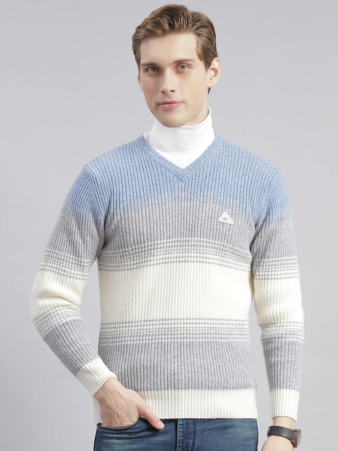 Men Grey Stripe V Neck Full Sleeve Sweaters/Pullovers - Image 3