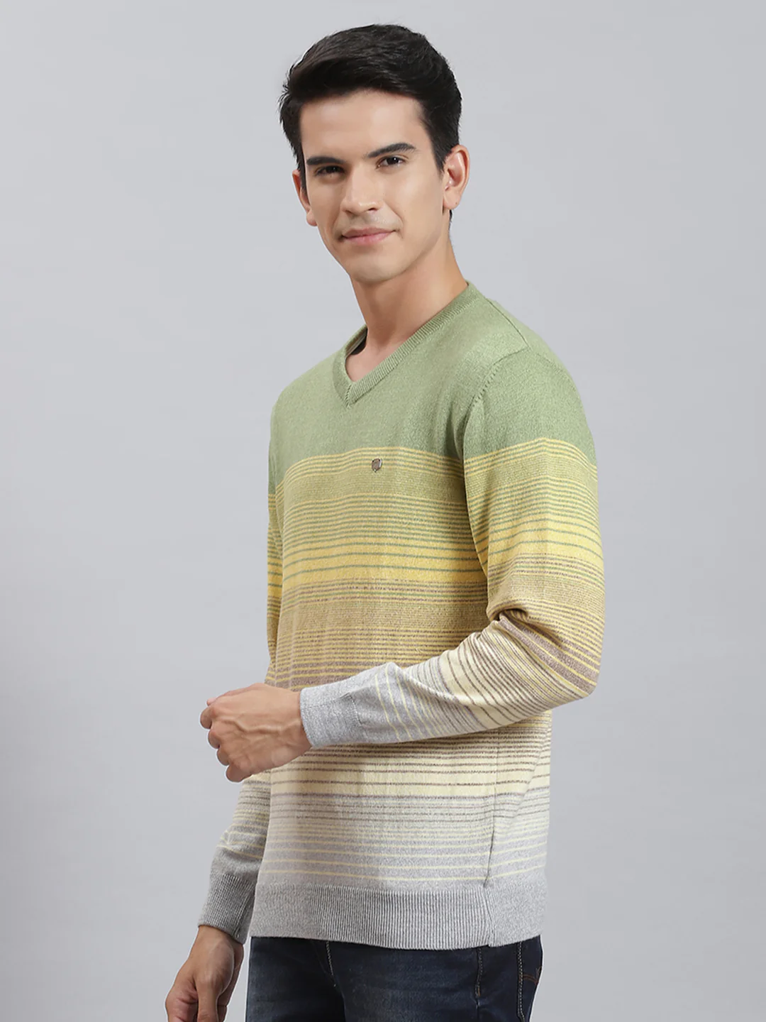 Men Grey Stripe V Neck Full Sleeve Sweaters/Pullovers - Image 3