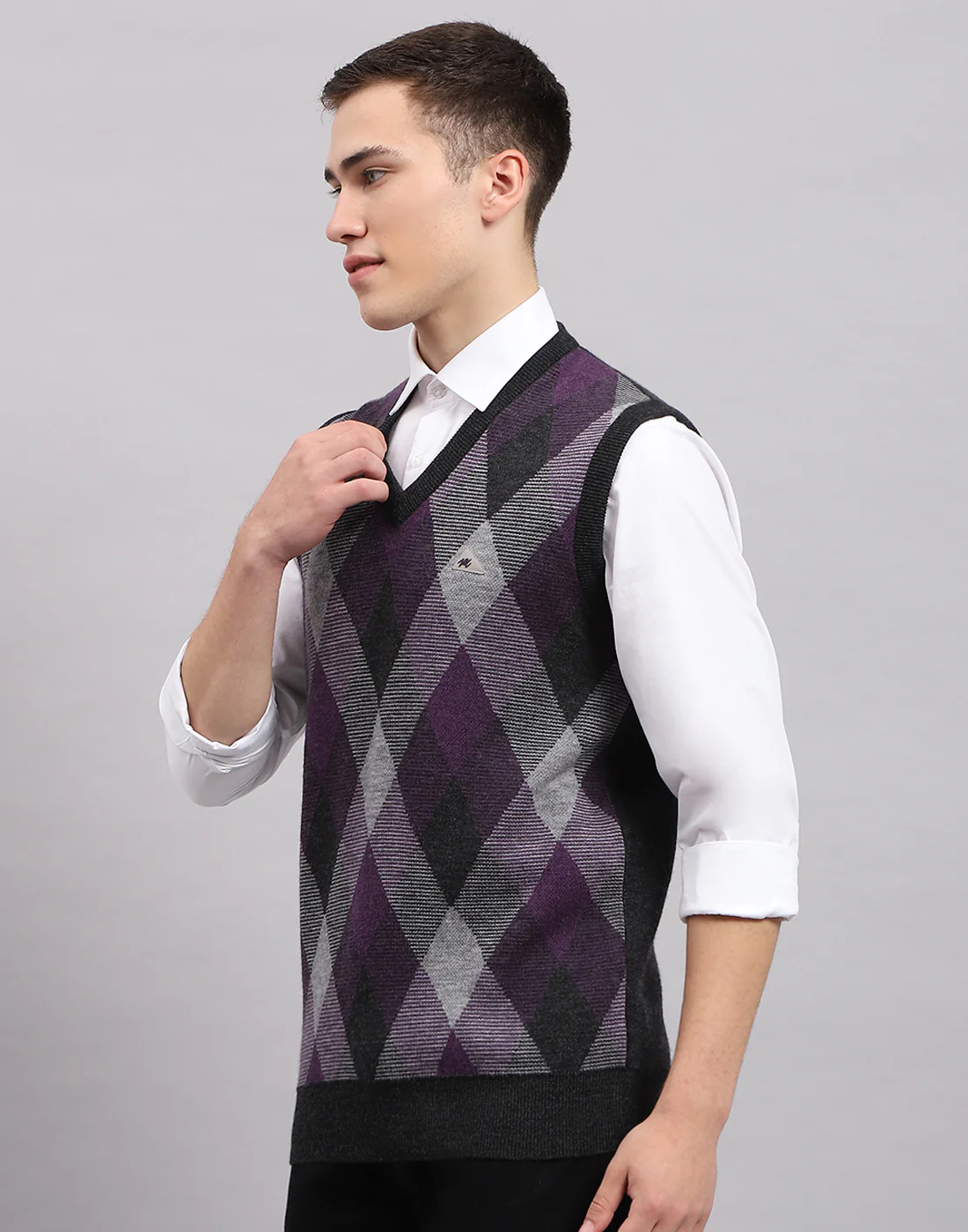 Men Grey Stripe V Neck Sleeveless Sweater - Image 3