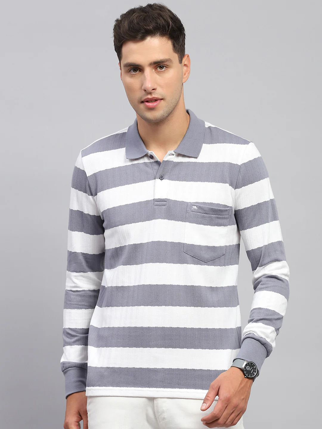 Men Grey & White Stripe Polo Collar Full Sleeve T-Shirt - Image 2