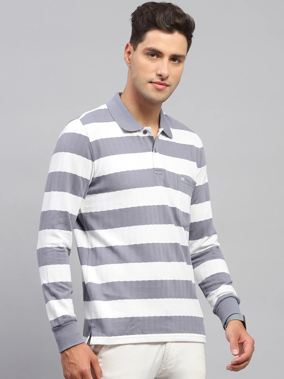 Men Grey & White Stripe Polo Collar Full Sleeve T-Shirt - Image 4