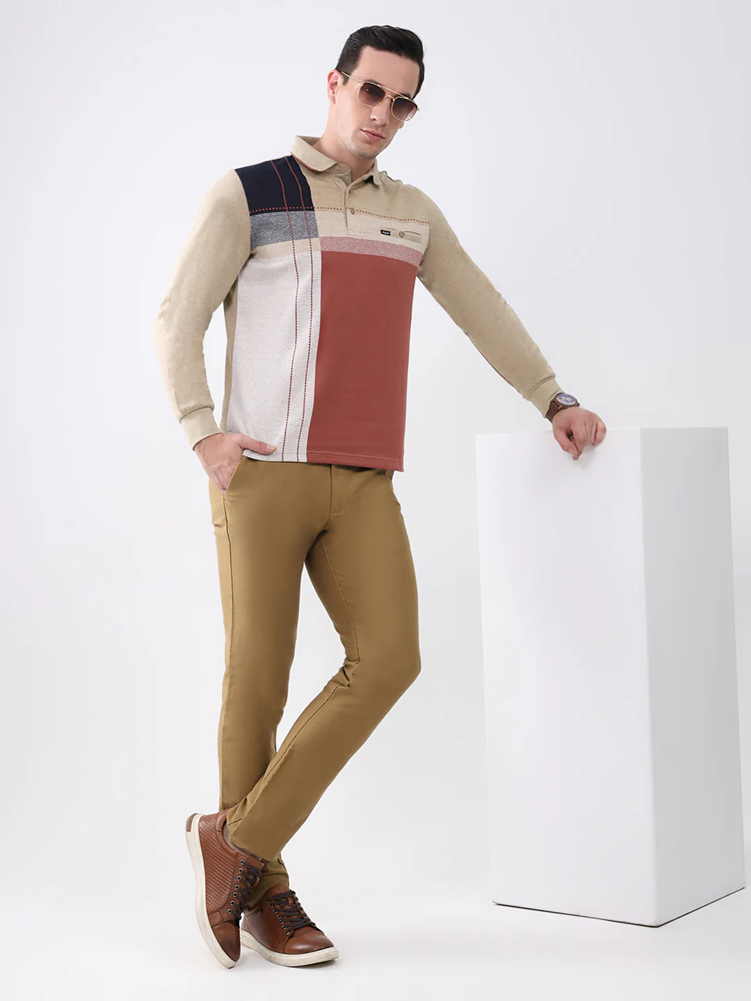 Men Khaki Abstract Collar Full Sleeve Winter T-Shirt - Image 2