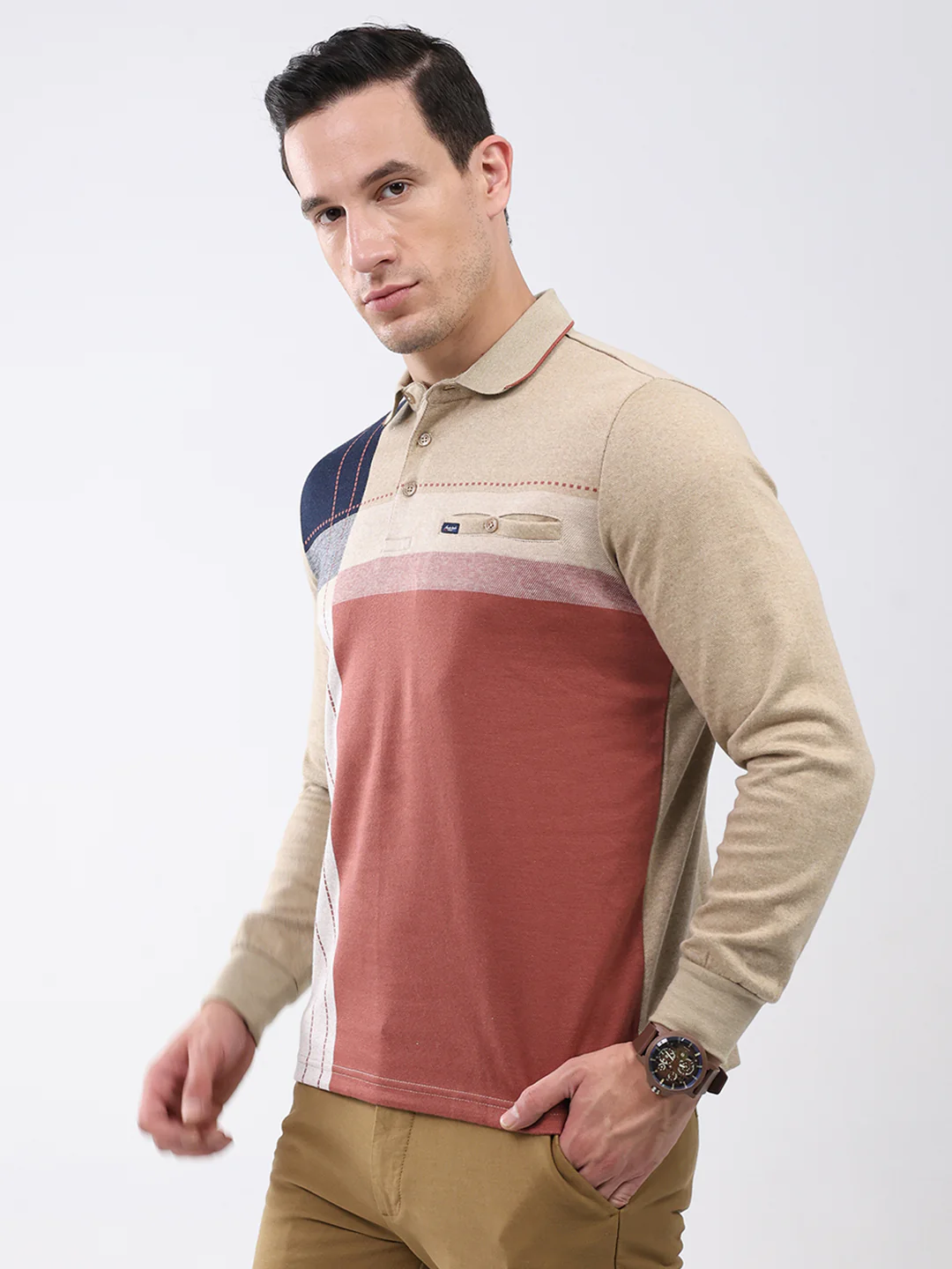 Men Khaki Abstract Collar Full Sleeve Winter T-Shirt - Image 3